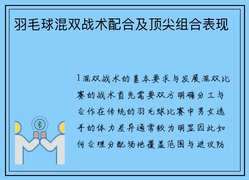 羽毛球混双战术配合及顶尖组合表现