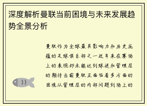 深度解析曼联当前困境与未来发展趋势全景分析