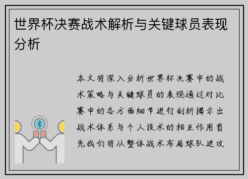 世界杯决赛战术解析与关键球员表现分析